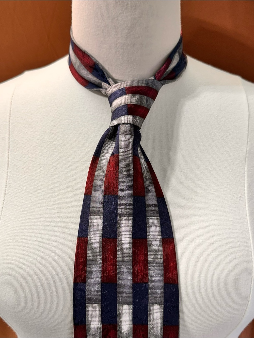 Mens Red, Navy & Gray Check Silk Tie - Classic Pattern